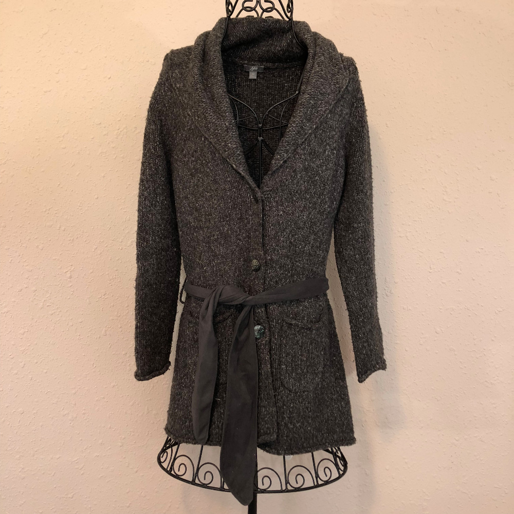 J. Jill Grey Wool Long Cardigan Jacket with Sash
